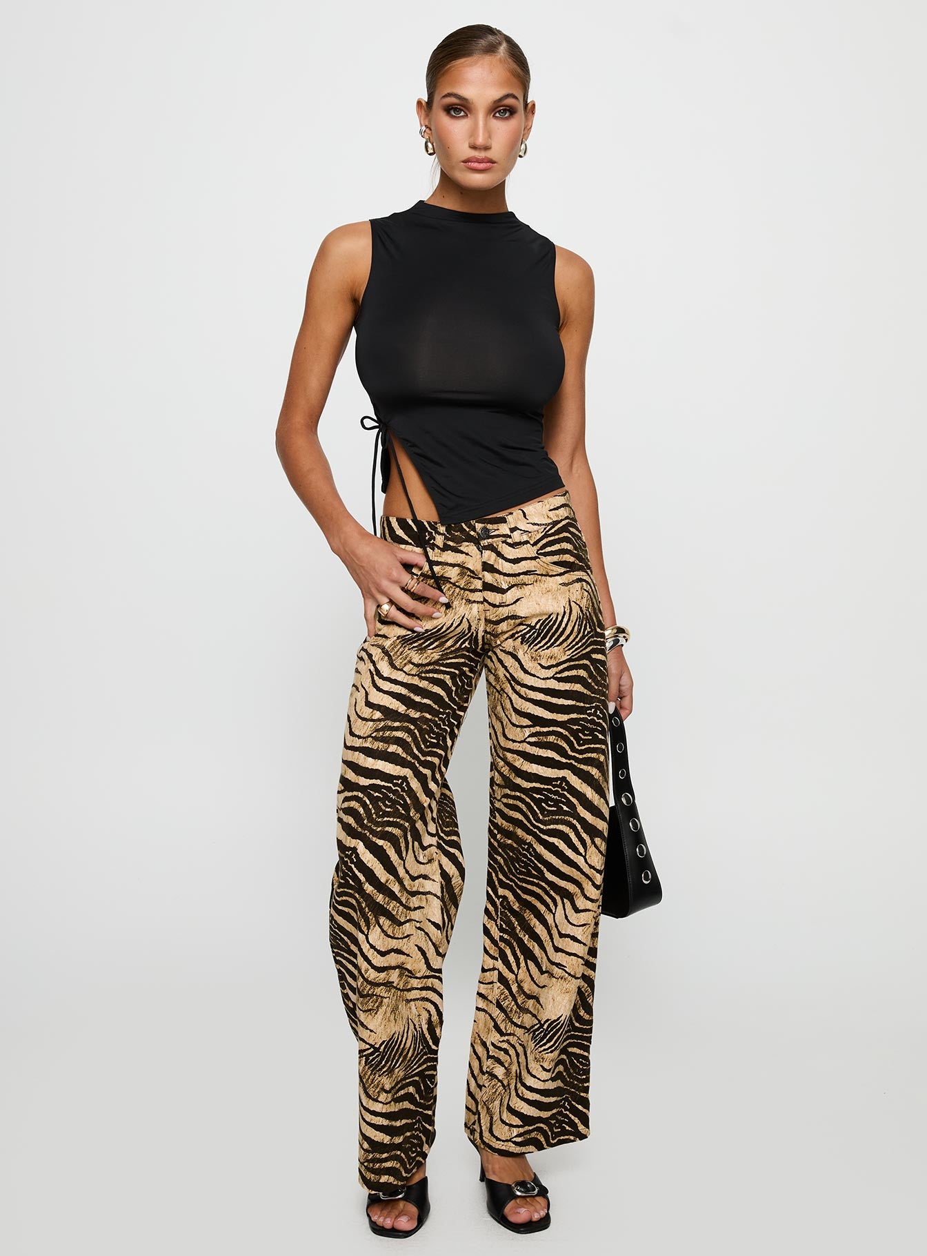 front view of model wearing Princess Polly Low Rise Roomy Pants Multi Low Rise Pants 