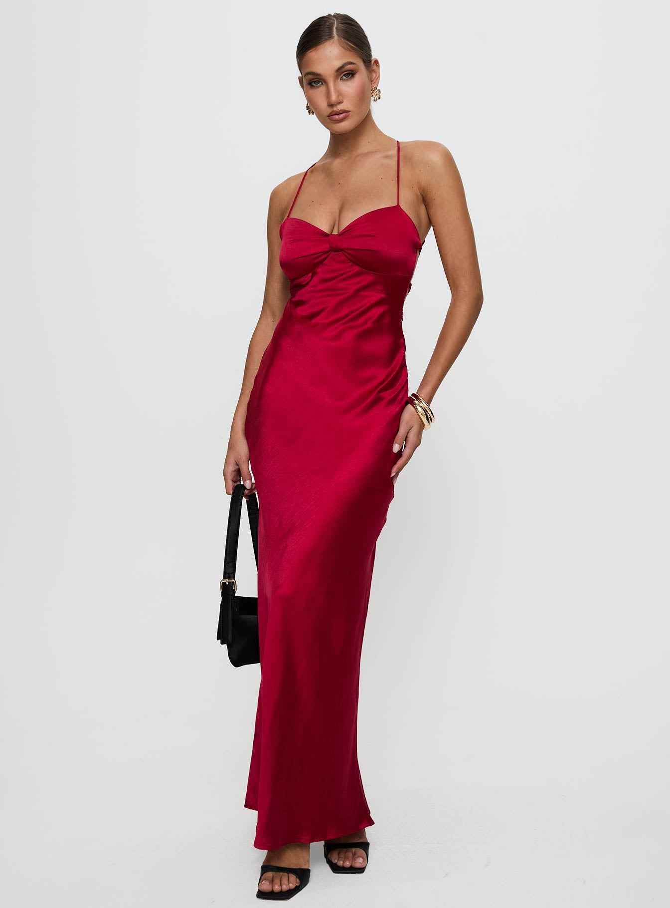 side view of model wearing Princess Polly Kristelle Maxi Dress Red Sweetheart Neckline 