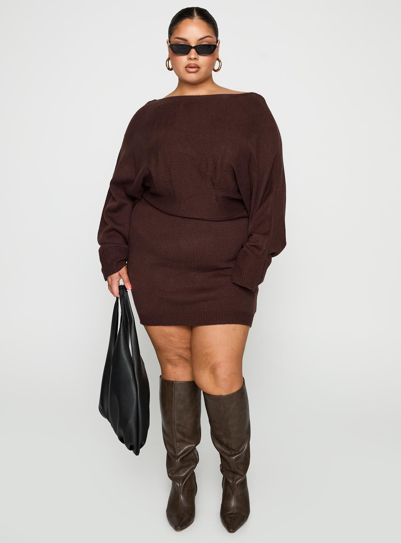 front view of model wearing Princess Polly Bellamie Long Sleeve Mini Dress Chocolate Curve Boat Neck 