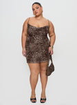 side view of model wearing Princess Polly Sugar Mini Dress Leopard Curve Cowl Neck 