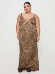 side view of model wearing Princess Polly Sanctuary Maxi Dress Leopard Curve Plunger 