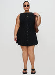 front view of model wearing Princess Polly Dollie Linen Mini Dress Black Curve High Neck 