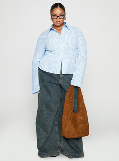 front view of model wearing Princess Polly Liesel Shirred Long Sleeve Top Stripe Curve Full Sleeves V-Neck 