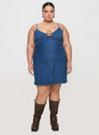 front view of model wearing Princess Polly Arwen Denim Mini Dress Blue Curve Plunger 