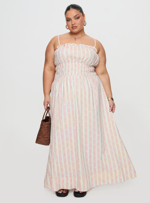 Persephone Shirring Linen Maxi Dress Pink Stripe Curve | Princess Polly Persephone Shirring Linen Maxi Dress Pink Stripe Curve | Princess Polly