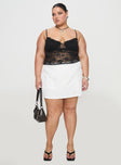 front view of model wearing Princess Polly Kerr Lace Top Black Curve Sleeveless Sweetheart 