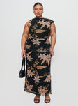 Goldrush Maxi Dress Black Floral Asymmetric Neckline 