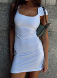 side view of model wearing Princess Polly Ravenna Mini Dress White Scoop Neck 