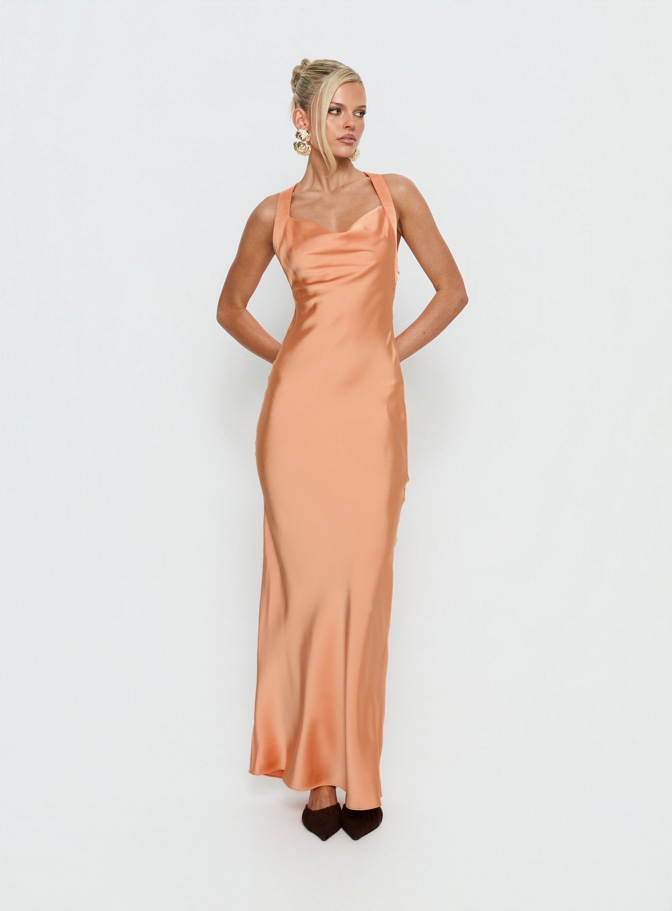 Isitt Cowl Crossover Back Maxi Dress Orange | Princess Polly