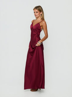 Flip A Switch Satin Lace Slip Maxi Dress Burgundy