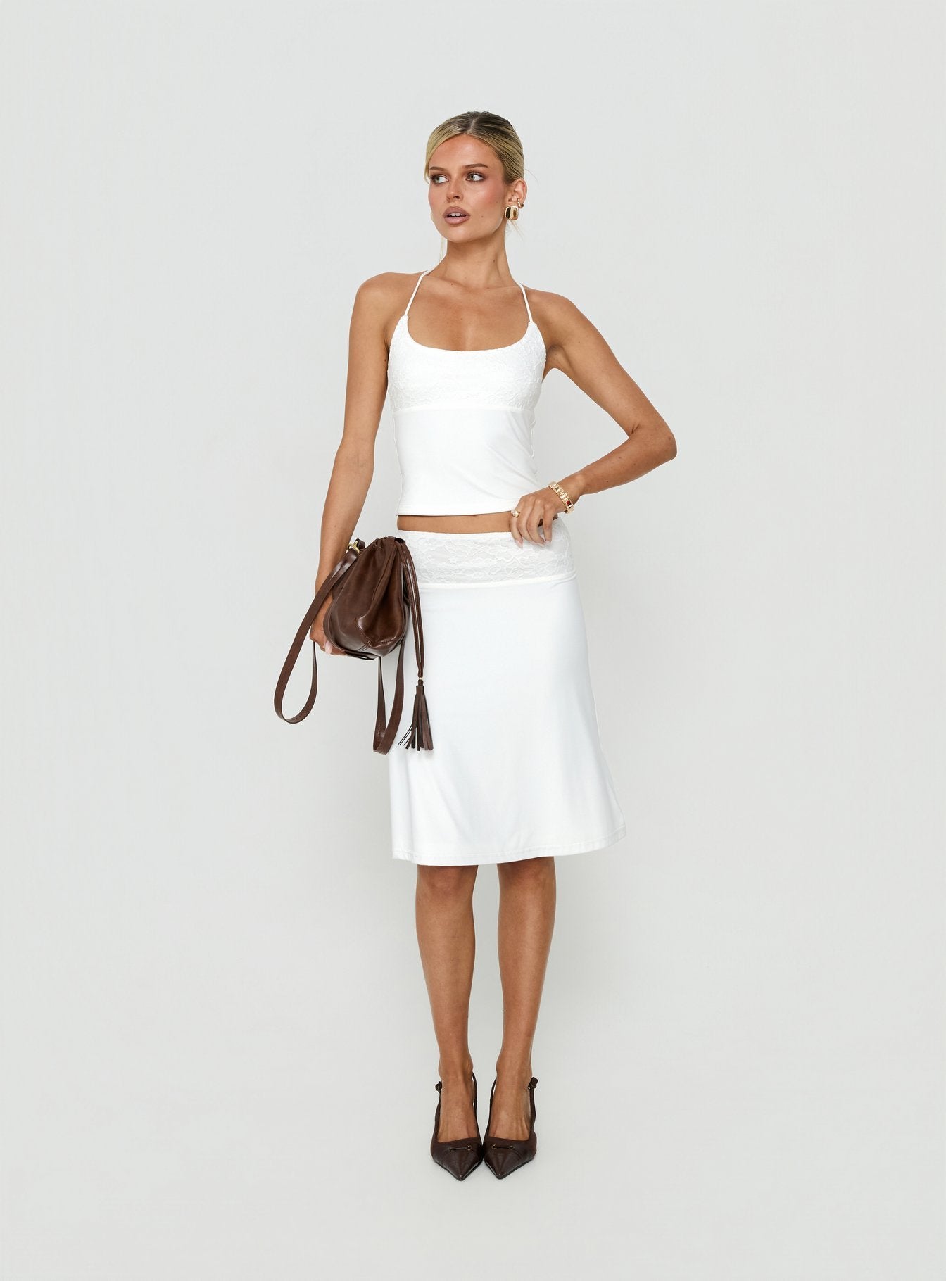Zenaide Lace Detail Halter Tank Top | White | Womens