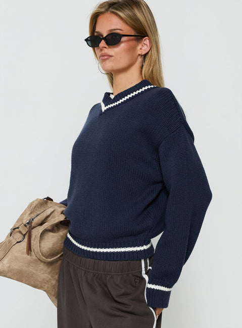 Myrandah V Neck Long SLeeve Knit Jumper Navy