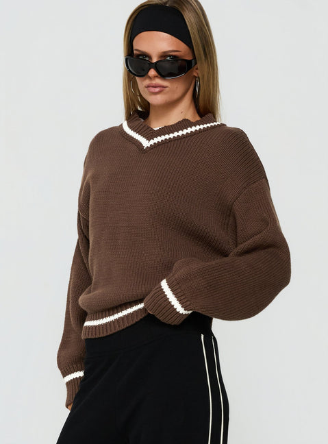 Myrandah V Neck Long SLeeve Knit Jumper Chocolate Stripe