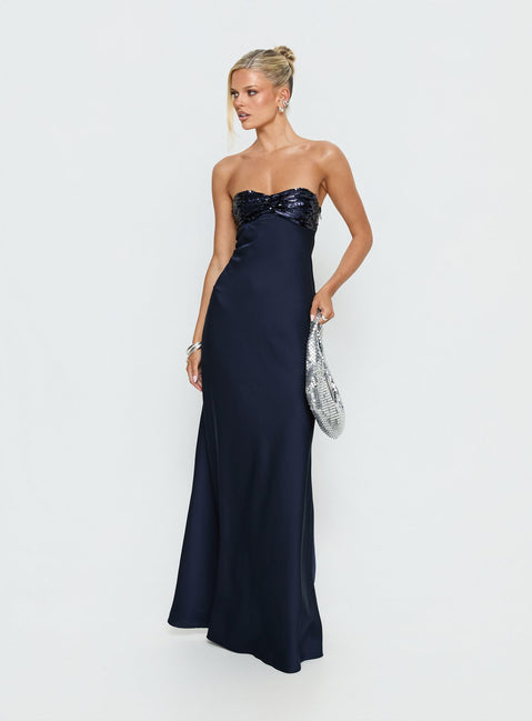 See The Vision Sequin Bust Strapless Maxi Dress / Navy