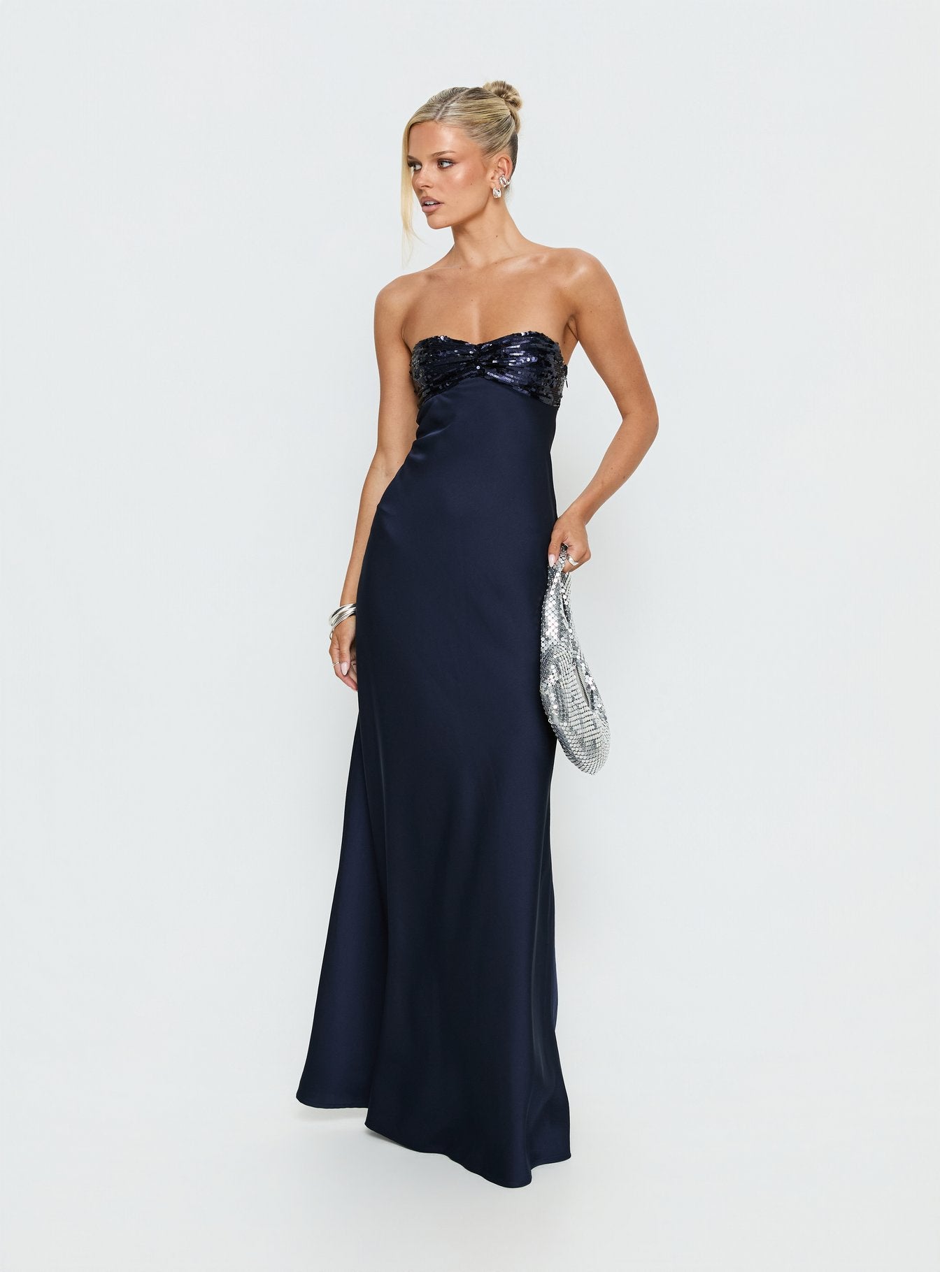 See The Vision Sequin Bust Strapless Maxi Dress Navy