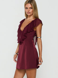 Madibelle V Neck Frill Mini Dress Wine