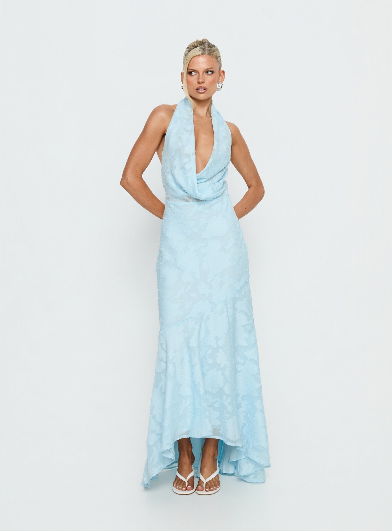 Invisible String Cowl Plunge Backless Maxi Dress Light Blue | Princess Polly Invisible String Cowl Plunge Backless Maxi Dress Light Blue | Princess Polly