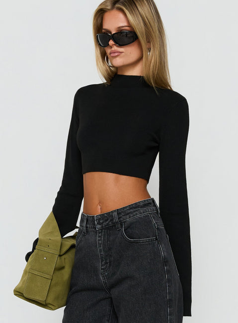Georgily Funnel Neck Long Sleeve Crop Top Black