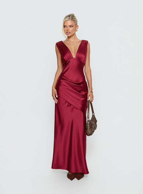 False Alarm Plunge Asymmetrical Pleat Maxi Dress Red | Princess Polly False Alarm Plunge Asymmetrical Pleat Maxi Dress Red | Princess Polly