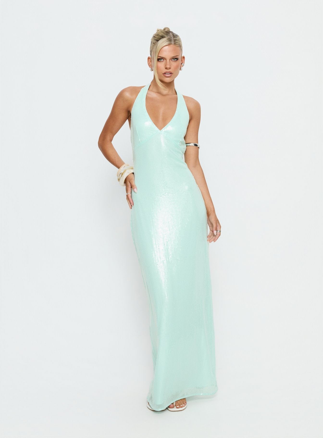 knee length dresses for ladies Isanna Halter Sequin Maxi Dress Jelly Mint