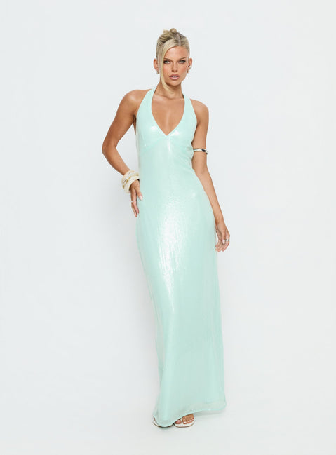 Isanna Halter Sequin Maxi Dress Jelly Mint | Princess Polly
