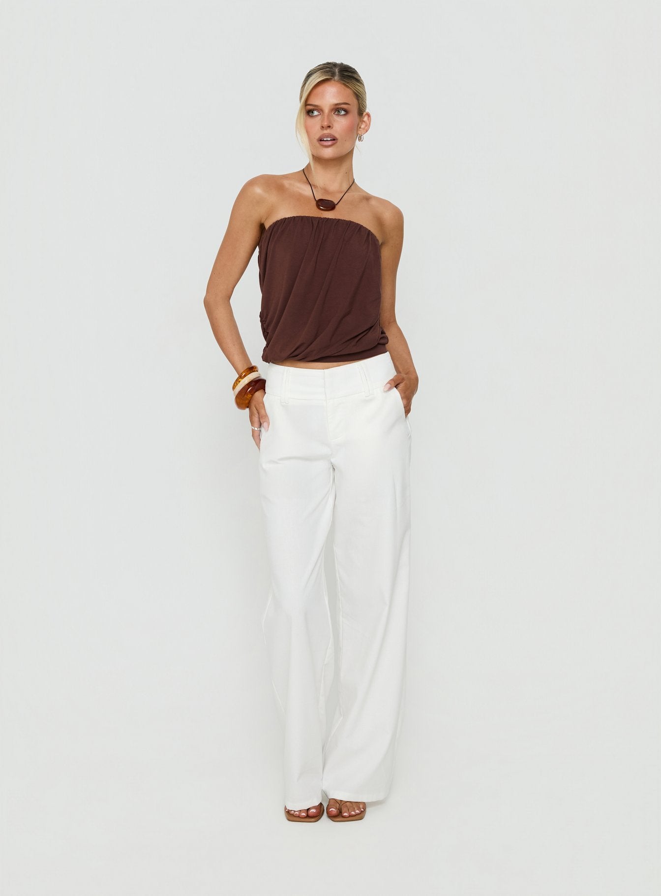 Taleisa Gathered Drape Strapless Top Brown | Princess Polly