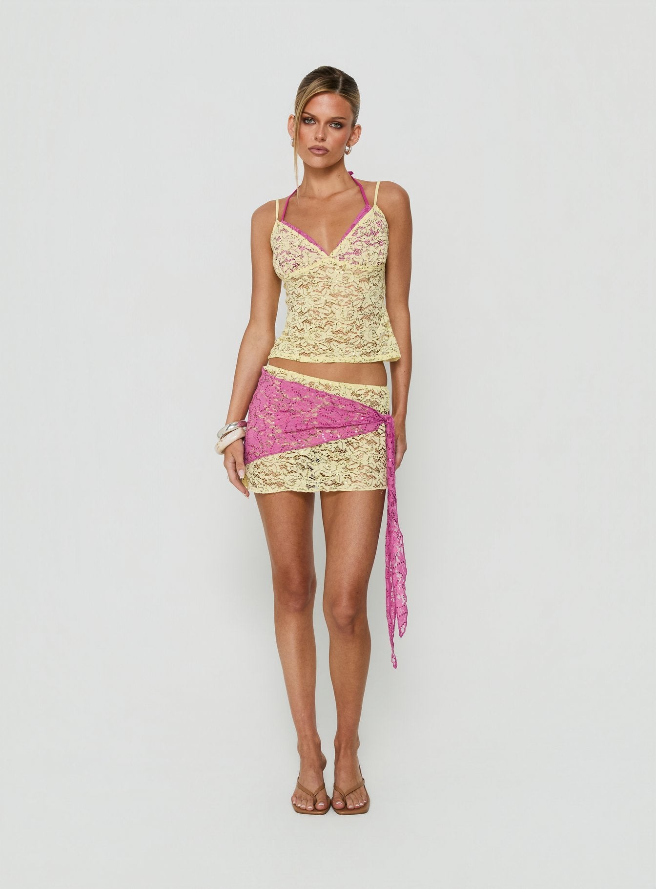 Sirna Lace Wrap Contrast Mini Skirt Lime / Pink