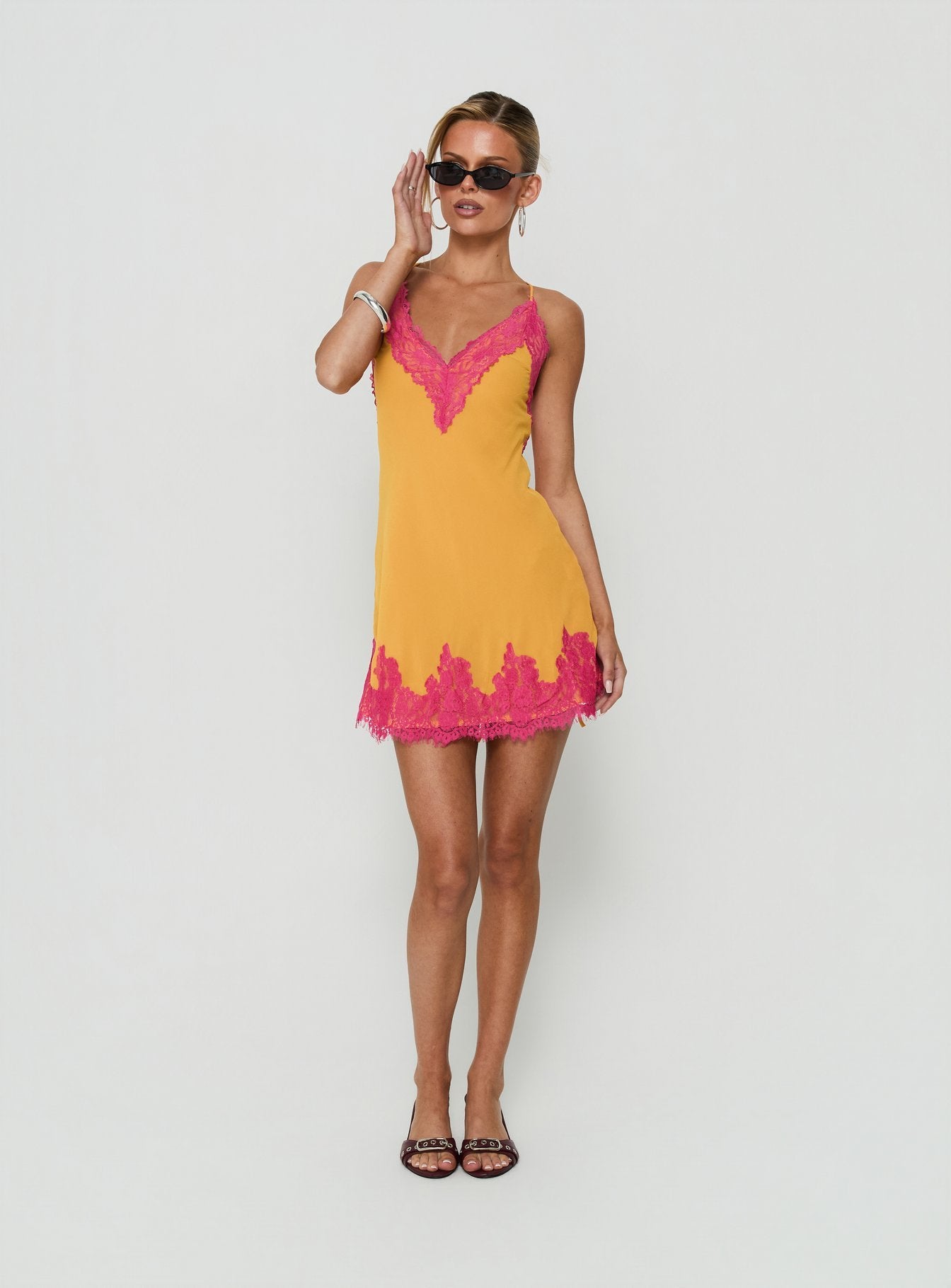 Call My Lover Lace Slip Mini Dress / Gold / Fuchsia