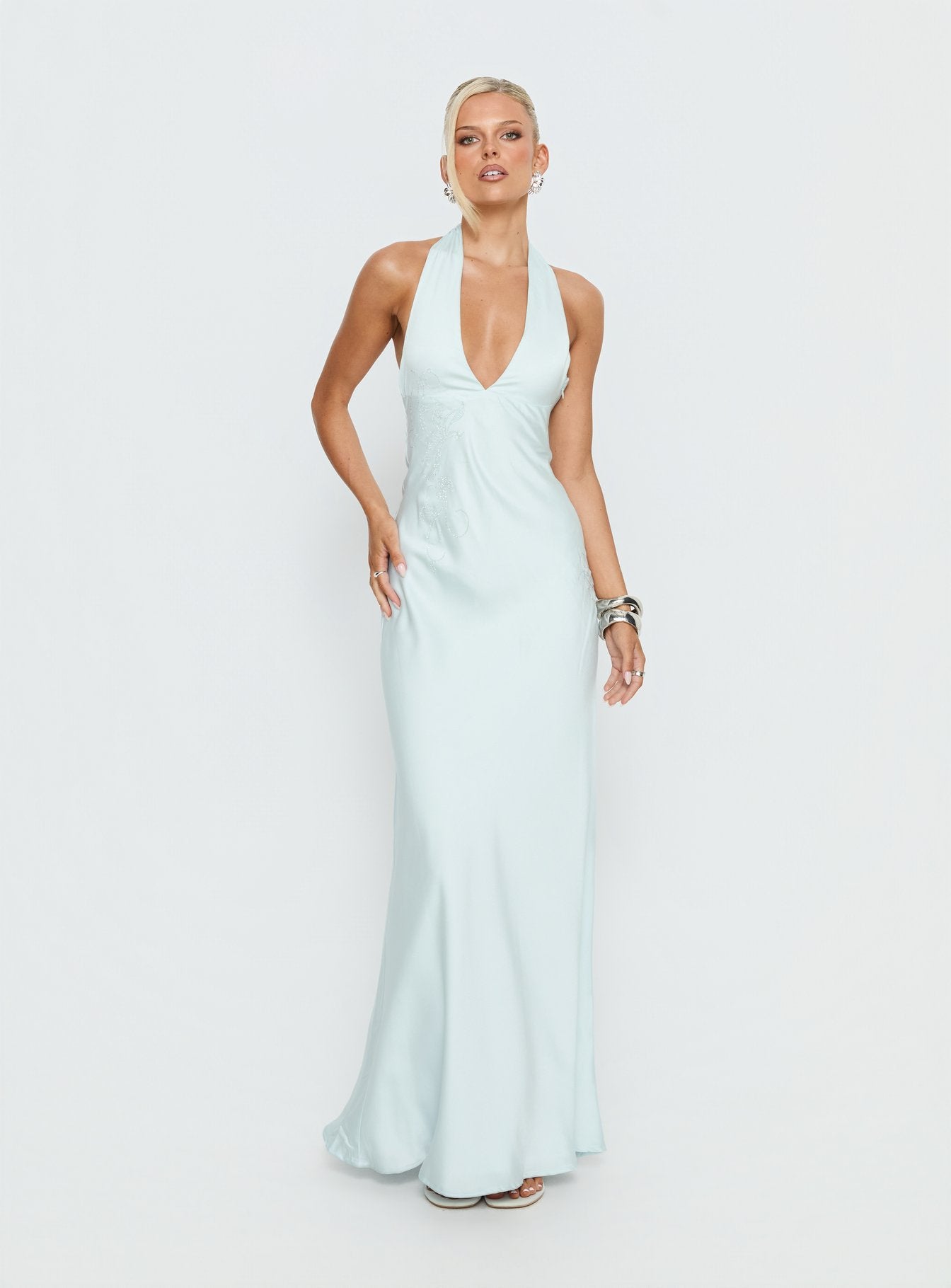 Strawberry Clouds Hotstone Satin Maxi Dress Icy Blue | Princess Polly Strawberry Clouds Hotstone Satin Maxi Dress Icy Blue | Princess Polly