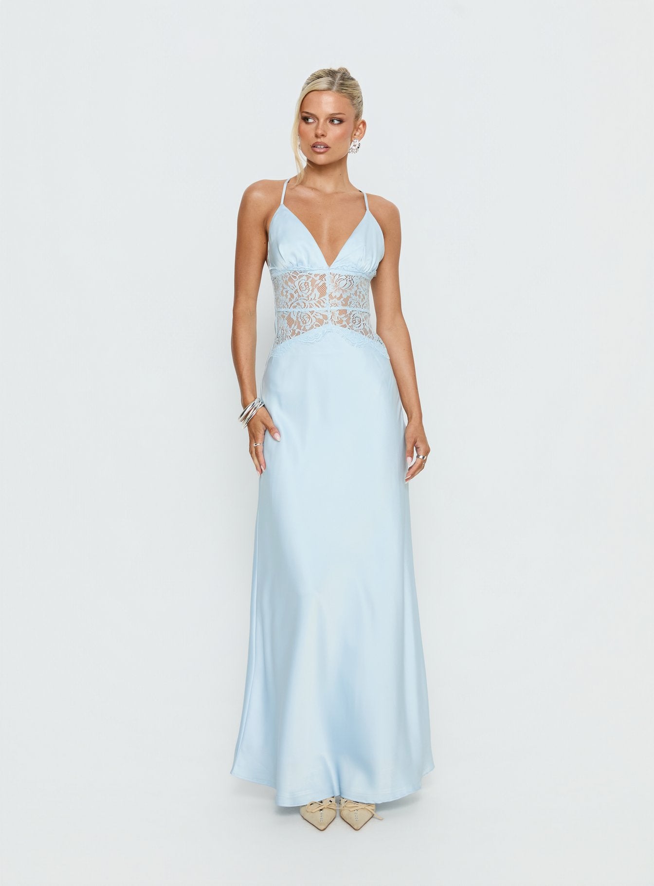 Klairee Halter Lace Maxi Dress | Icy Blue | Womens | Princess Polly Lower Impact Klairee Halter Lace Maxi Dress | Icy Blue | Womens | Princess Polly Lower Impact