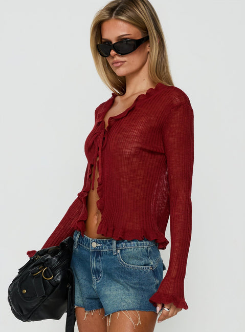 Doll Face Frill Long Sleeve Top Burgundy