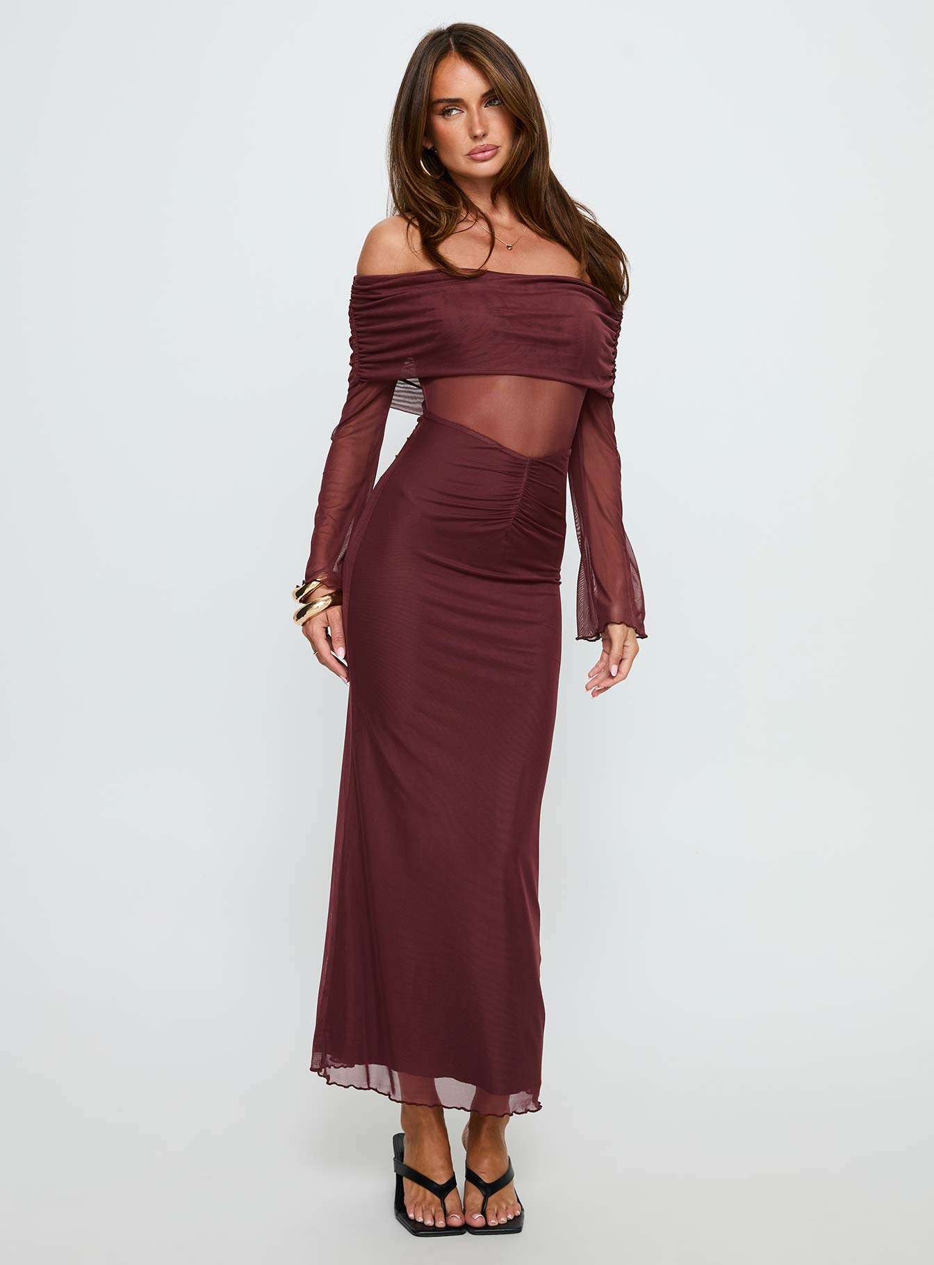 Velouria Off Shoulder Long Sleeve Maxi Dress | Brown | Womens | Princess Polly Lower Impact Velouria Off Shoulder Long Sleeve Maxi Dress | Brown | Womens | Princess Polly Lower Impact