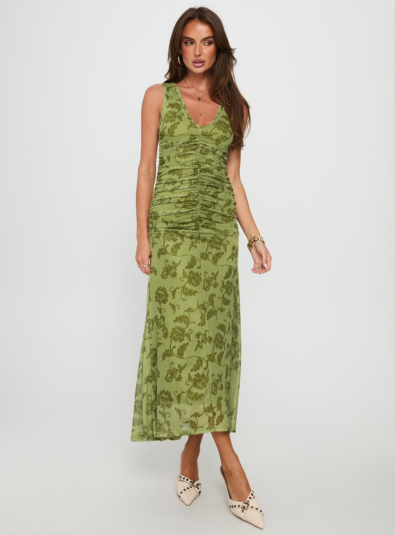 Stefanya Gathered Maxi Dress Green Floral | Princess Polly Stefanya Gathered Maxi Dress Green Floral | Princess Polly