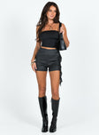 Shorts Faux leather material High rise Twin hip pockets Invisible zip fastening at back Slight stretch Fully lined 