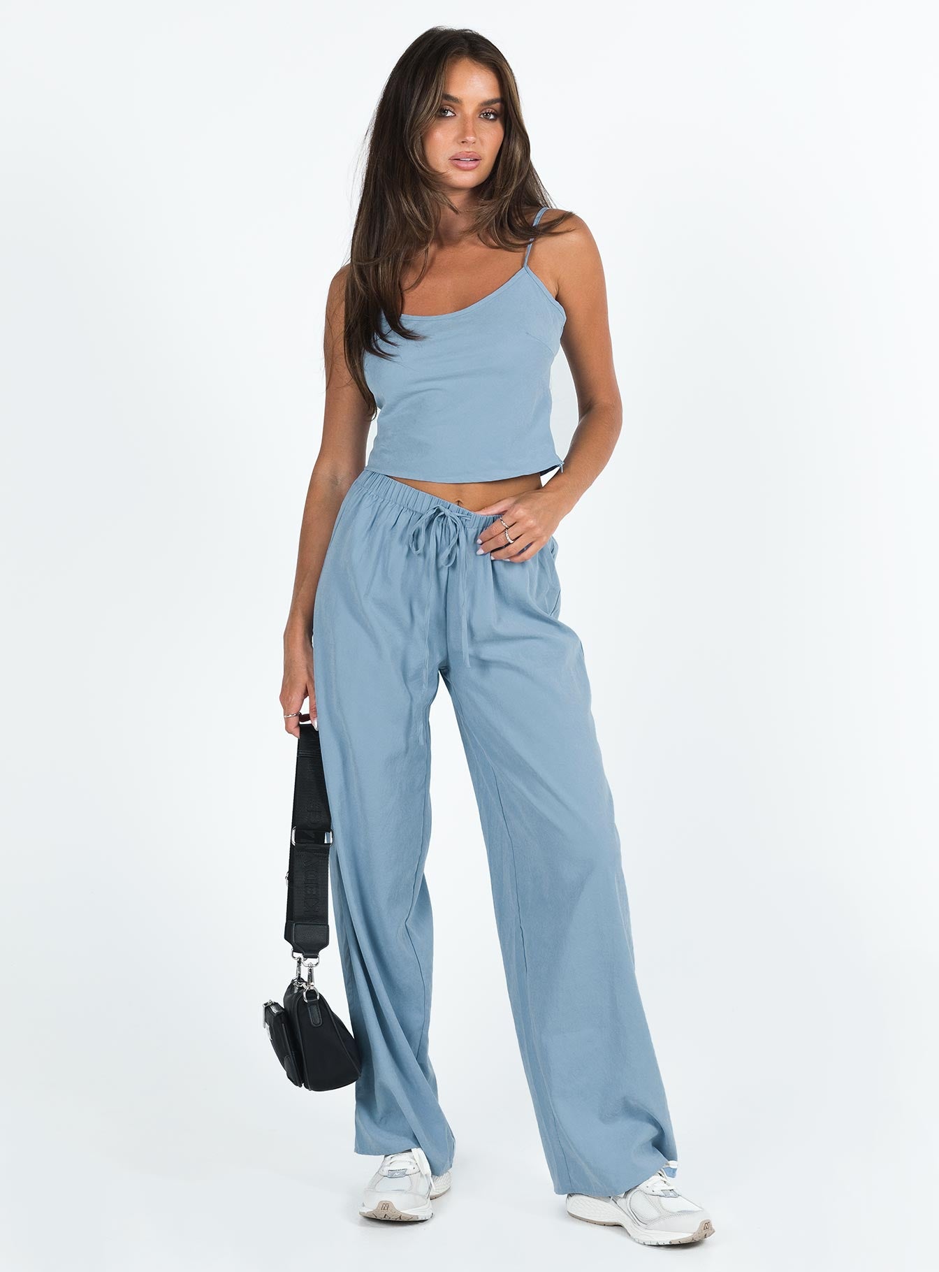 Two piece set Cupro material Adjustable shoulder straps on top Wide leg pants Elasticated waistband with tie fastening