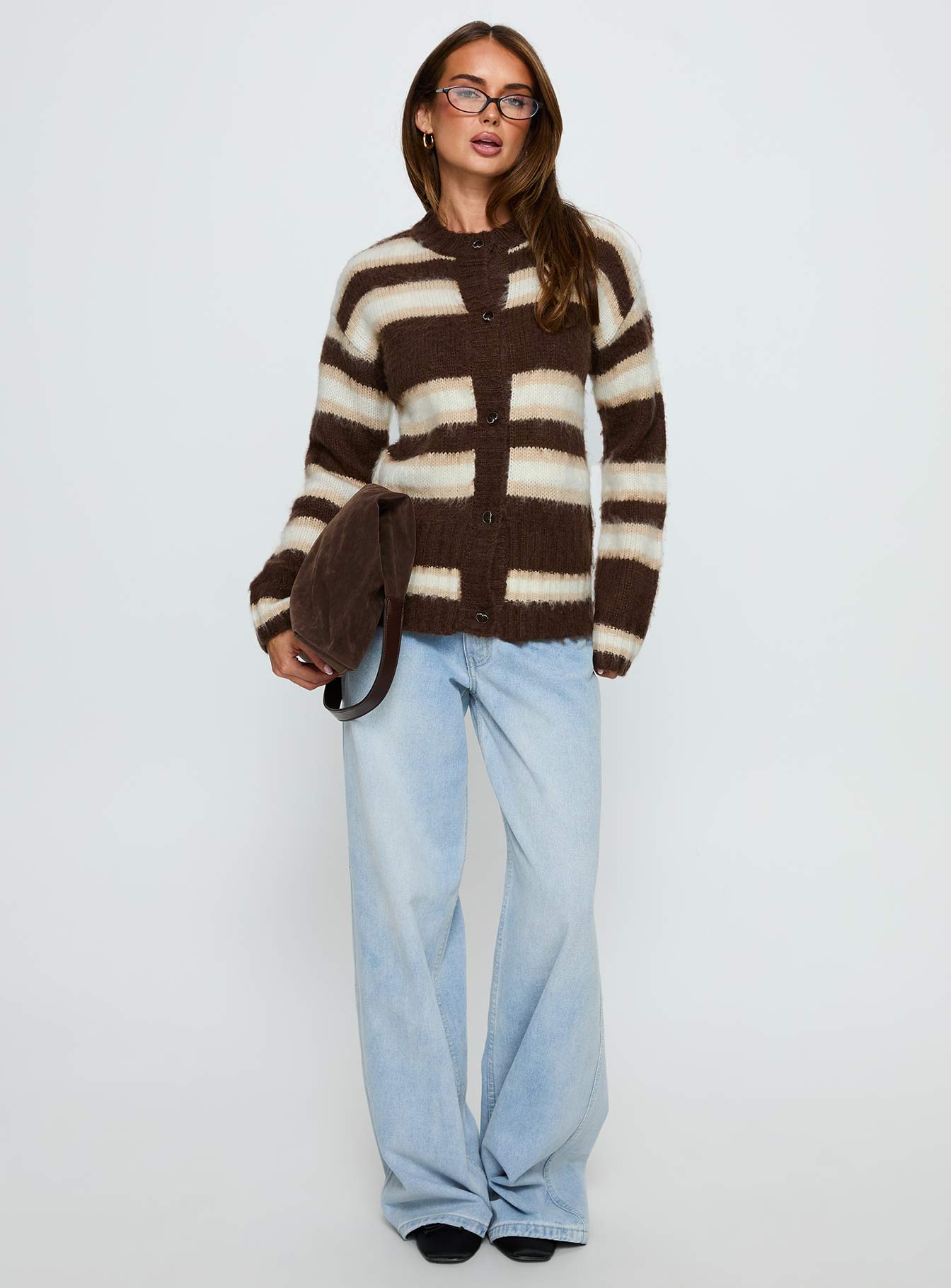Cultivated Fluffy Knit Cardigan Brown Stripe | Princess Polly