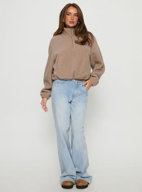 front view of model wearing Princess Polly Icy Days Fleece Quarter Zip Jumper Light Brown Cropped Jumpers 