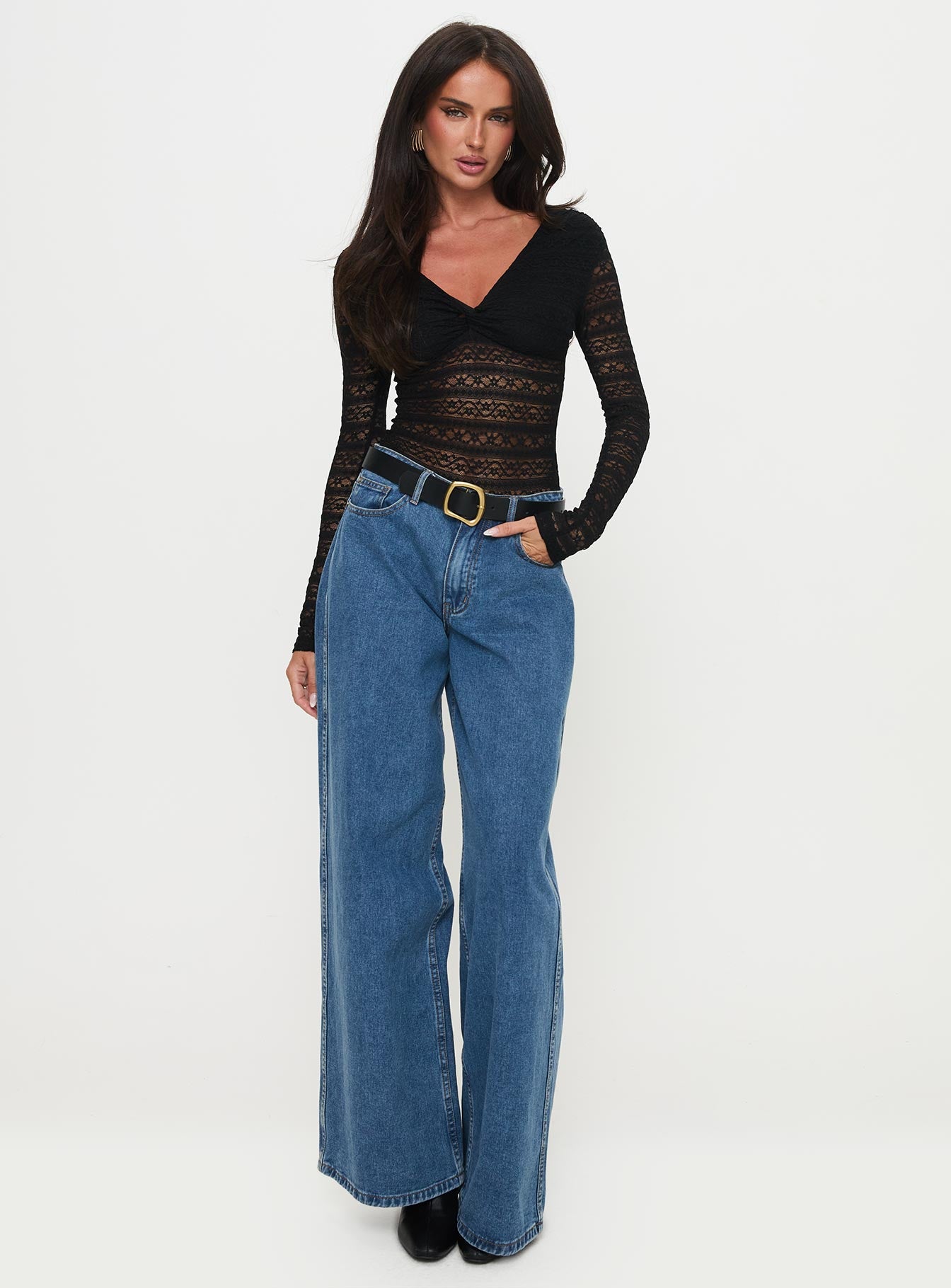 back view of model wearing Princess Polly Secret Of Us Off Shoulder Lace Bodysuit Black Full Sleeves 