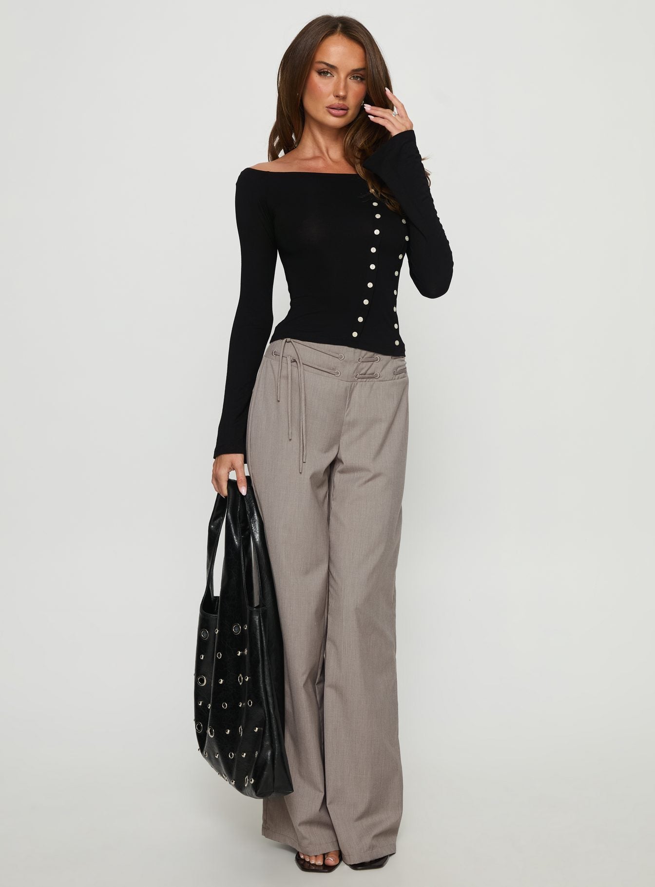 Jillianna Button Detail Off Shoulder Top Black | Princess Polly