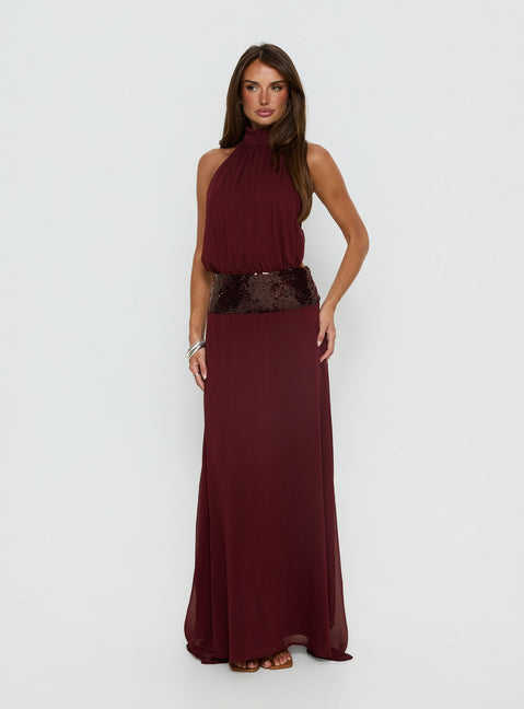 Darwinn Drop Waist Sequin Detail Maxi Dress | Burgundy | Womens | Princess Polly Lower Impact Darwinn Drop Waist Sequin Detail Maxi Dress | Burgundy | Womens | Princess Polly Lower Impact