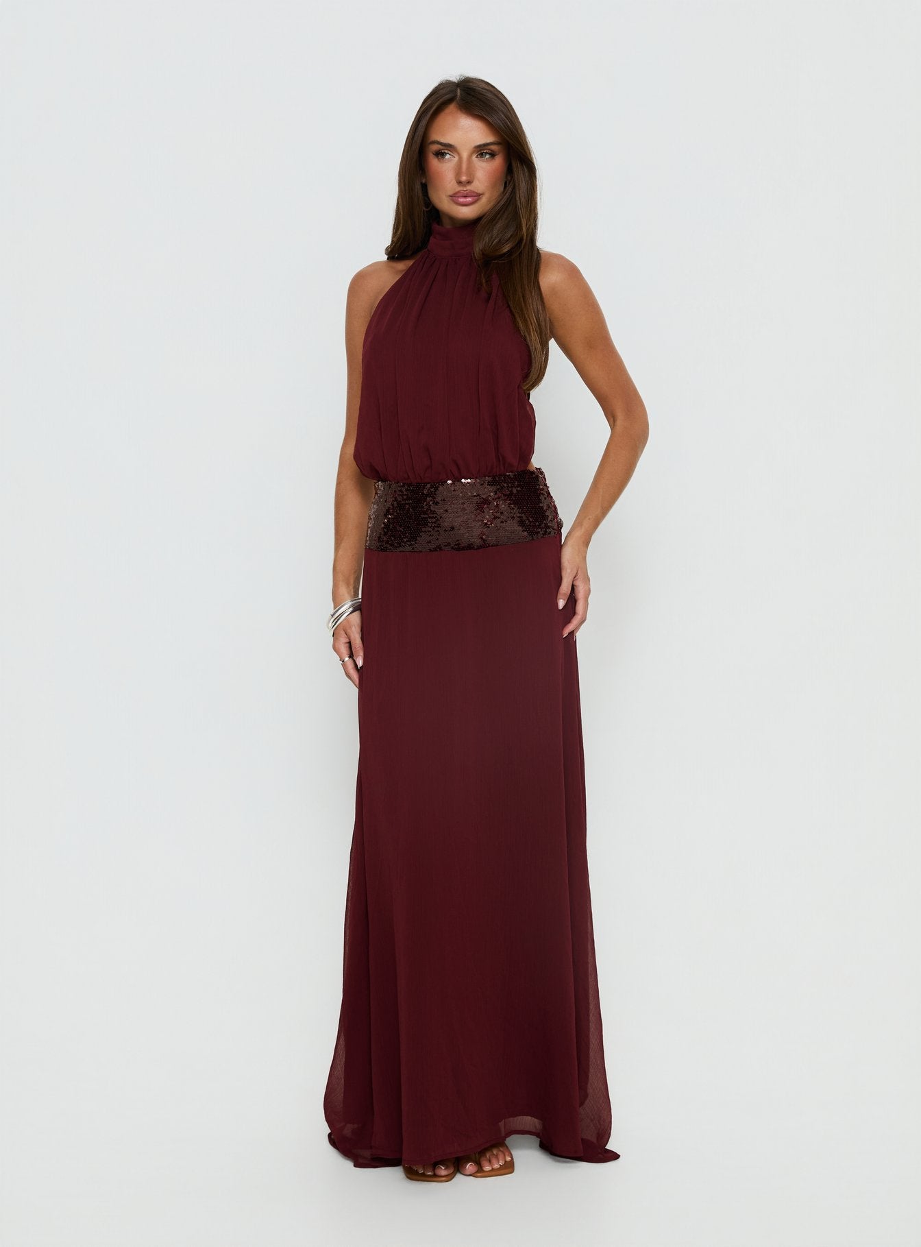 Darwinn Drop Waist Sequin Detail Maxi Dress | Burgundy | Womens | Princess Polly Lower Impact Darwinn Drop Waist Sequin Detail Maxi Dress | Burgundy | Womens | Princess Polly Lower Impact