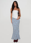   front view of model wearing Princess Polly Rotelle Maxi Skirt Blue Floral Maxi 