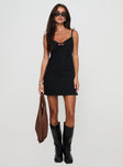 front view of model wearing Princess Polly Arwen Denim Mini Dress Black V-Neck 