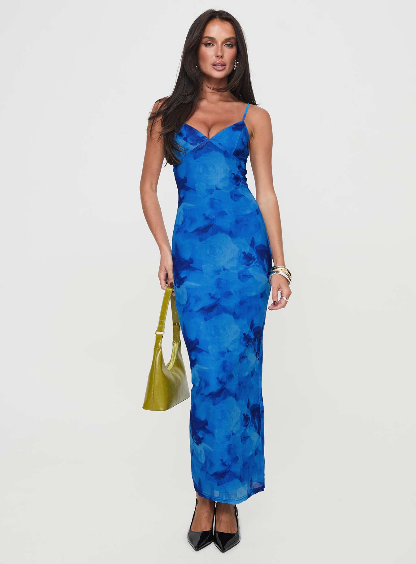 front view of model wearing Princess Polly Hathaway Maxi Dress Blue Floral Plunger 