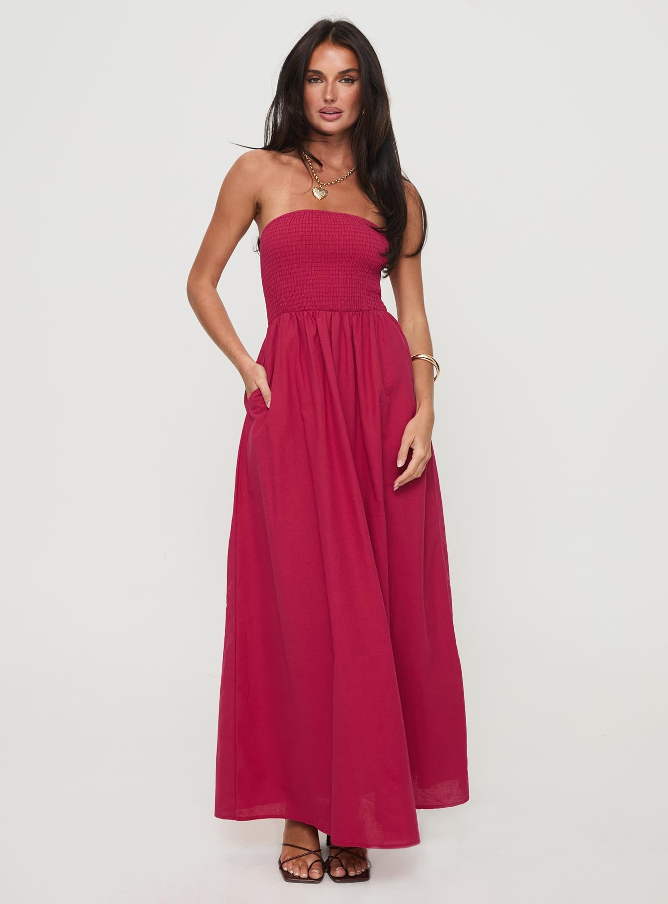 front view of model wearing Princess Polly Dayona Strapless Maxi Dress Red Straight Neck 