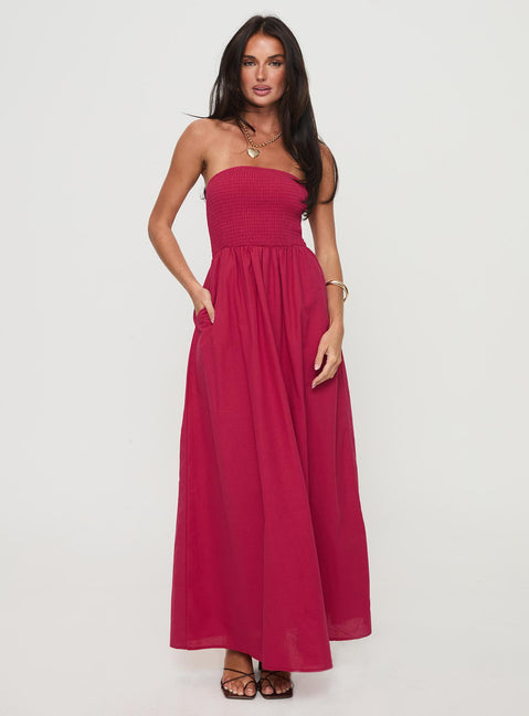 front view of model wearing Princess Polly Dayona Strapless Maxi Dress Red Straight Neck 