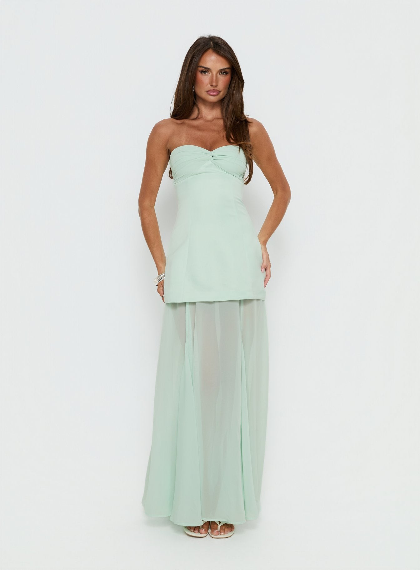 Flashy Sheer Chiffon Strapless Maxi Dress | Green | Womens | Princess Polly Lower Impact Flashy Sheer Chiffon Strapless Maxi Dress | Green | Womens | Princess Polly Lower Impact