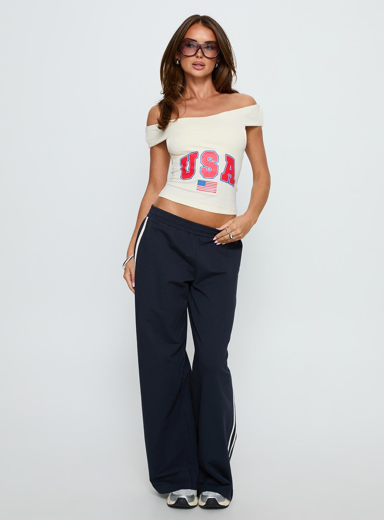 American Spirit Off the Shoulder Graphic Top Cream