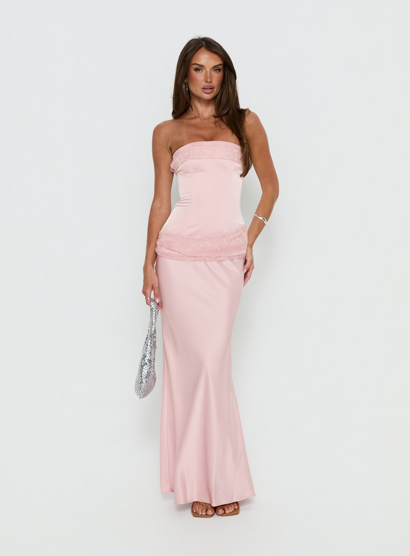 Sura Strapless Lace Detail Maxi Dress Pink