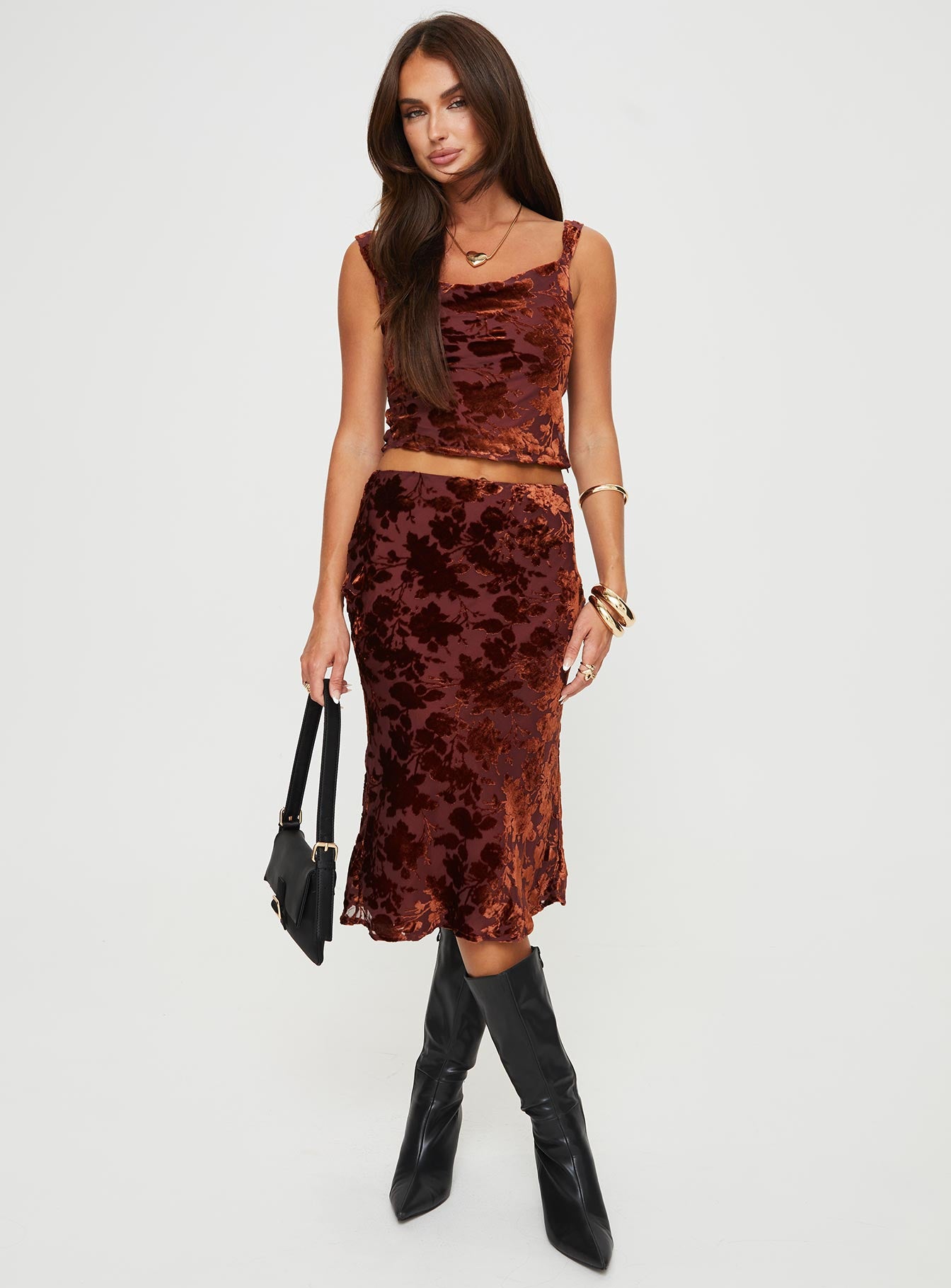 product Devore Midi Skirt Burgundy Princess Polly  Midi Skirts 